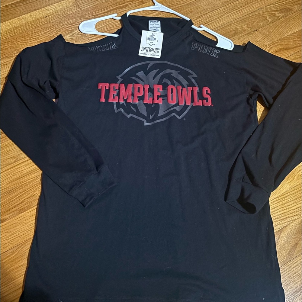 PINK Victoria's Secret Black Long Sleeve Temple Owls Cold-Shoulder Tee